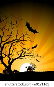 Halloween night background. Halloween night poster. Halloween night scene. Halloween night vector. Halloween night with haunted house. Halloween night with trees. Halloween night with Moon and Bats.