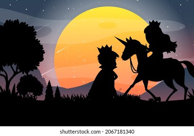 Halloween night background with prince and princess silhouette illustration