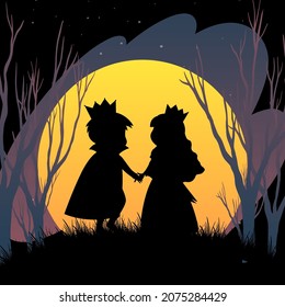 Halloween night background with prince and princess silhouette illustration