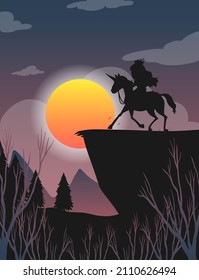 Halloween night background with princess riding horse silhouette illustration