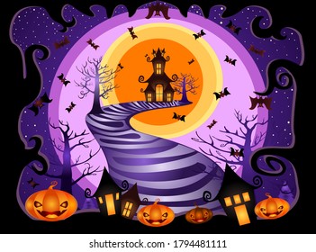 Halloween night background with pumpkin, bat, haunted house and full moon.Vector illustration