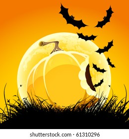 Halloween night background with pumpkin bat grass and moon