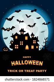 Halloween night background with pumpkin, with bats,  house and full moon. Halloween poster. Vector illustration.