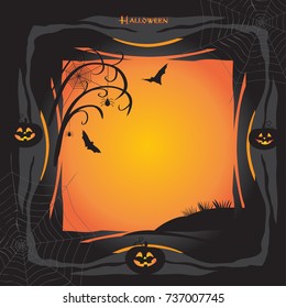 Halloween night background with pumpkin, bats, spider, fantasy forest frame. Wallpaper or invitation template for Halloween party, advertising. Holiday Vector illustration.