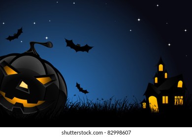 Halloween Night Background Pumpkin Bats House Stock Vector (Royalty ...