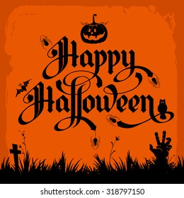 Halloween night background with pumpkin and calligraphy inscription Happy Halloween. Vector illustration.