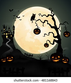 Halloween night background with pumpkin, castle and full moon