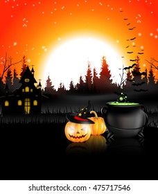 Halloween night background with pumpkin and cauldron