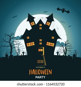 Halloween night background with pumpkin and dark castle under the moonlight. Vector illustration.