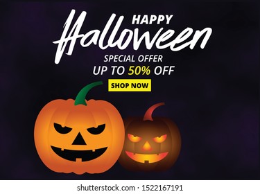 Halloween night background with pumpkin, Flyer or invitation template for Halloween sale promotion banner. Vector illustration.