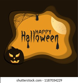 Halloween night background with pumpkin and full moon. Paper art . Flyer or invitation template for Halloween party. Vector illustration.