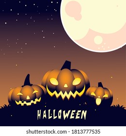 halloween night background with pumpkin and full moon vector illustration design