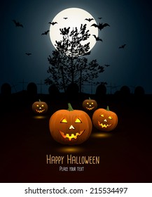 Halloween night background with pumpkin and full moon.