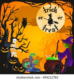 Halloween night background with pumpkin full moon and trick or treat text vector illustration