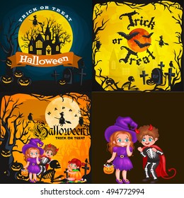 Halloween night background with pumpkin full moon and trick or treat text vector illustration