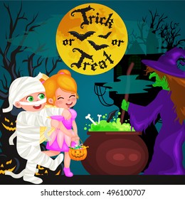 Halloween night background with pumpkin full moon and trick or treat text vector illustration