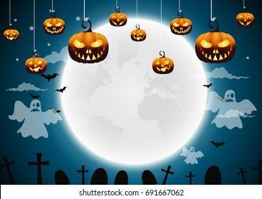 Halloween night background with pumpkin and full moon.Vector illustration.