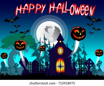 Halloween night background with pumpkin and full moon. Vector illustration.