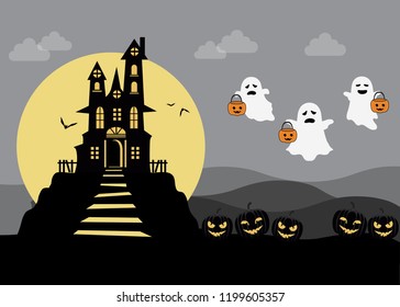 Halloween night background with pumpkin, ghost, haunted house and full moon. vector illustration