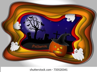 Halloween night background. Pumpkin and ghosts, graves and bats made in the style of Paper art carving style