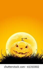 Halloween night background with pumpkin grass and moon