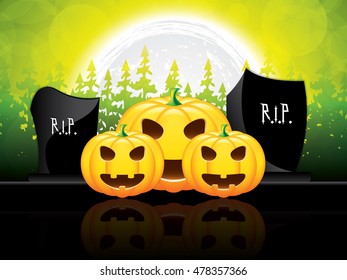 Halloween night background with pumpkin and grave stone