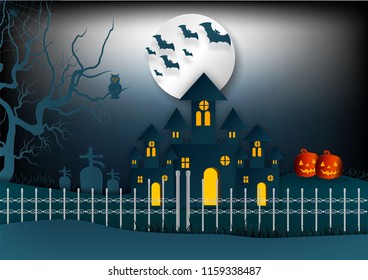 Halloween night background with pumpkin, haunted house and moon. Vector illustration