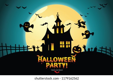 Halloween night background with pumpkin, haunted house and full moon. 