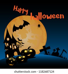 Halloween night background with pumpkin, haunted house and full moon - vector illustration