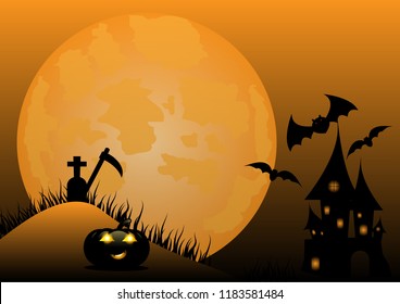 Halloween night background with pumpkin, haunted house and full moon - vector illustration