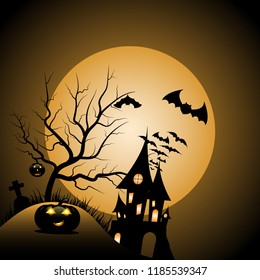 Halloween night background with pumpkin, haunted house and full moon - vector illustration