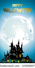 Halloween night background with pumpkin, haunted house, castle and full moon. Flyer or invitation template for banner, party, Invitation . Vector illustration with place for your Text & copy space