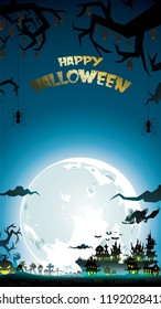 Halloween night background with pumpkin, haunted house, castle and full moon. Flyer or invitation template for banner, party, Invitation . Vector illustration with place for your Text & copy space