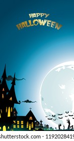 Halloween night background with pumpkin, haunted house, castle and full moon. Flyer or invitation template for banner, party, Invitation . Vector illustration with place for your Text & copy space