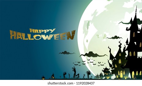 Halloween night background with pumpkin, haunted house, castle and full moon. Flyer or invitation template for banner, party, Invitation . Vector illustration with place for your Text & copy space