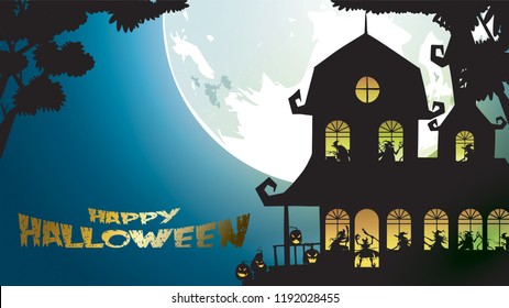 Halloween night background with pumpkin, haunted house, castle and full moon. Flyer or invitation template for banner, party, Invitation . Vector illustration with place for your Text & copy space