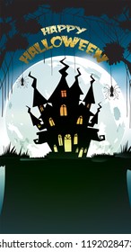 Halloween night background with pumpkin, haunted house, castle and full moon. Flyer or invitation template for banner, party, Invitation . Vector illustration with place for your Text & copy space