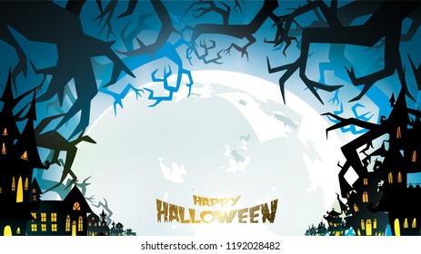 Halloween night background with pumpkin, haunted house, castle and full moon. Flyer or invitation template for banner, party, Invitation . Vector illustration with place for your Text & copy space