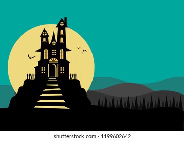 Halloween night background with pumpkin, haunted house and full moon. 