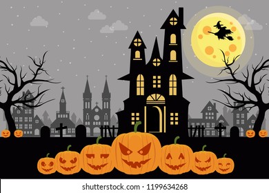 Halloween night background with pumpkin, haunted house, Vector Illustration. Trick or Treat Concept.