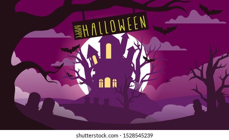 Halloween night background with pumpkin, haunted house and full moon. Flyer or invitation template for Halloween party. Vector illustration.