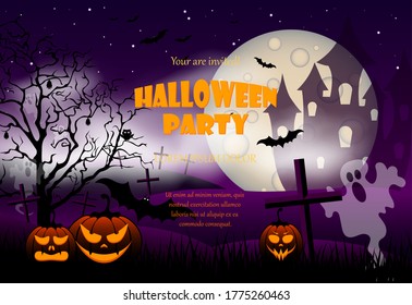 Halloween night background with pumpkin, haunted house and full moon. Party flyer with pumpkins, hat, pot and old broom in front of scary castle