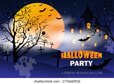 Halloween night background with pumpkin, haunted house and full moon. Party flyer with pumpkins, hat, pot and old broom in front of scary castle. Vector illustration EPS10