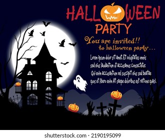 Halloween night background with pumpkin, haunted house and full moon. Flyer, poster or invitation template for Halloween party. Vector illustration.