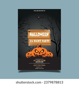 Halloween night background with pumpkin, haunted house and full moon. Flyer or invitation template for Halloween party. Vector illustration.
