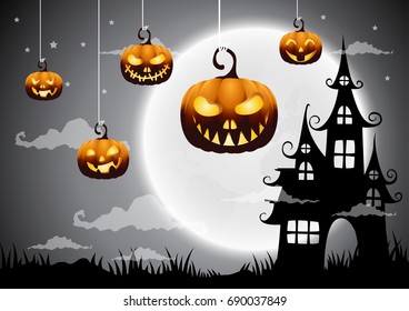 Halloween night background with pumpkin, haunted house and full moon.Vector illustration.