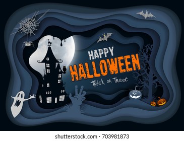 Halloween night background with pumpkin, haunted house and full moon. Paper art carving style.  Happy Halloween greeting card. Vector illustration.