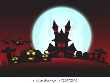 Halloween night background with pumpkin, haunted house and full moon