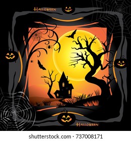 Halloween night background with pumpkin, haunted house and full moon. Wallpaper or invitation template for Halloween party, advertising. Fantasy Vector illustration.