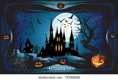 Halloween night background with pumpkin, haunted house and full moon. Wallpaper or invitation template for Halloween party, advertising. Fantasy Vector illustration.